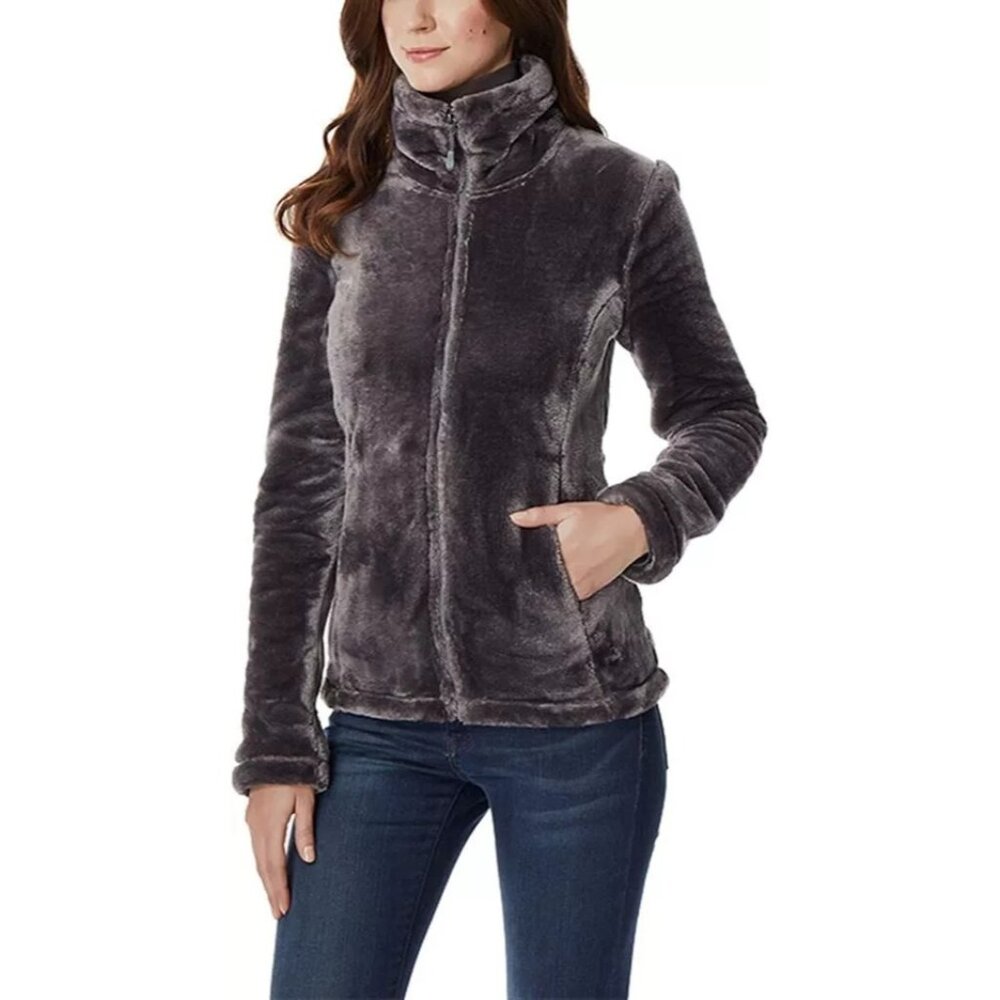 32 Degrees Heat Women M Plush Faux Fur Zip-up Cozy Teddy Jacket Long Sleeve Gray